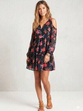 Hollister Floral Cold Shoulder Long Sleeve Boho Chiffon Mini Dress Size Med